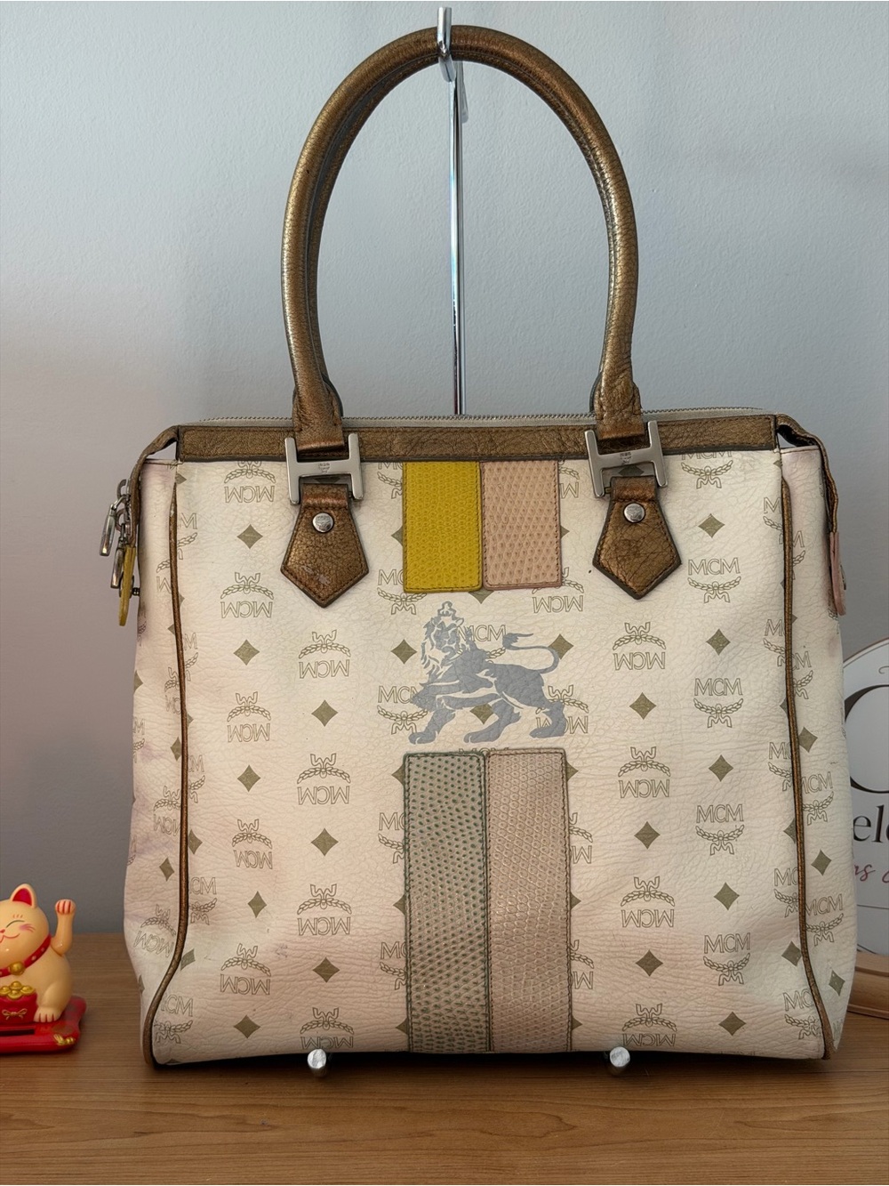 MCM Cream Logo Canvas Tote with Gold Handles and Pink, Yellow Accents